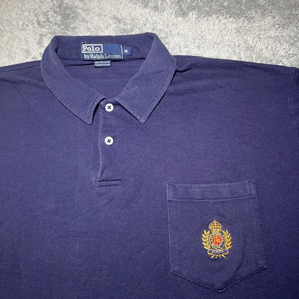 VTG Polo By Ralph Lauren Mens SZ XL Navy Blue Short Sleeve Crest Embroidered